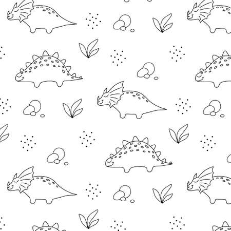 Childish seamless pattern with dinosaurs. Hand-drawn pattern with cute dino. Vector illustration. The pattern is suitable for fabrics, wrapping paper and prints. Doodle style.のイラスト素材