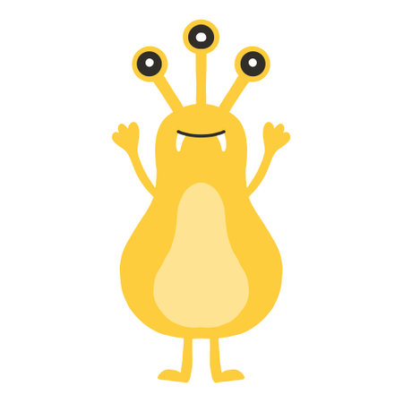 Childish cute monster. A yellow monster with three eyes. Drawn alien. Vector illustration.のイラスト素材