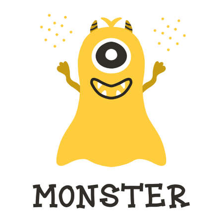 Hand-drawn poster with a cute monster. Doodle style. Vector illustration in scandinavian style.yellow fluffy monster.のイラスト素材
