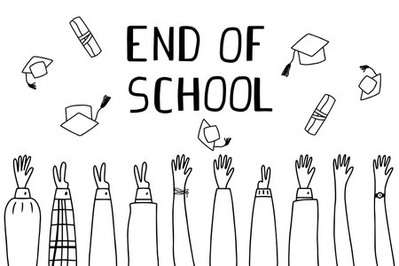 Education concept. Graduates toss their graduation caps in the air.Doodle style. Vector illustration.のイラスト素材