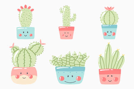 Set of cacti in kawaii style. Vector illustration. Cute cacti in pots.のイラスト素材