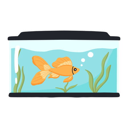 Goldfish in an aquarium. Vector illustration . Domestic fish in a round aquarium. Aquarium with algae.のイラスト素材