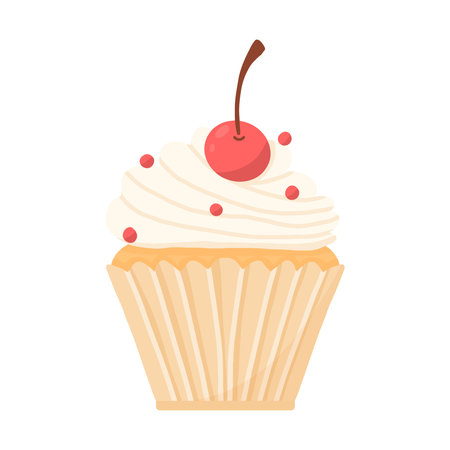 Delicious beautiful cupcake with cream and cherry. Muffin with whipped cream. Appetizing dessert for...