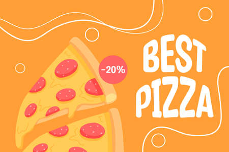 Pizza banner with salami. Flyer with pepperoni pizza. vector illustration. Poster for street food. Banner with fast food.のイラスト素材
