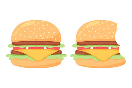Juicy burger. Delicious hamburger with tomato. Vector illustration in cartoon style. A whole and bitten burger.のイラスト素材