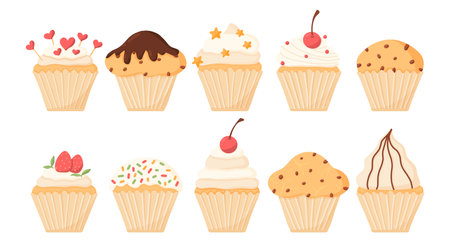 Set of cupcakes .A beautiful collection of muffins with cherry, strawberries, cream. chocolate.のイラスト素材