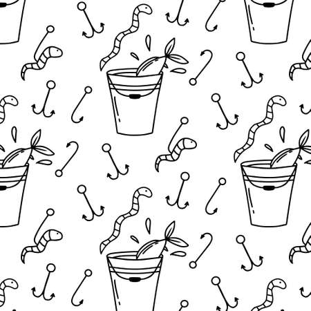 Pattern with fishing tackle. Seamless pattern with floats and hooks. Doodle style. Vector illustration.のイラスト素材