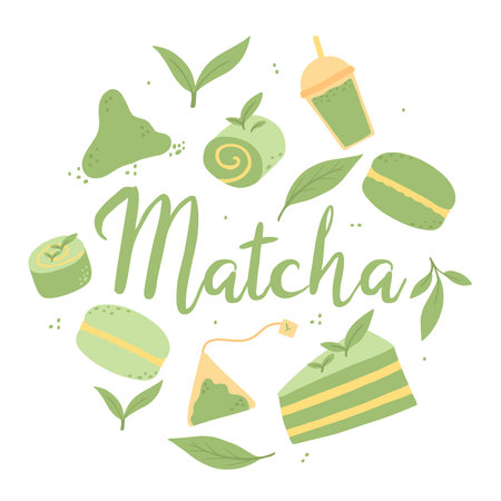 Matcha tea. Matcha tea, powder, macaron, pie, leaves. Vector illustration. Poster from the matcha.