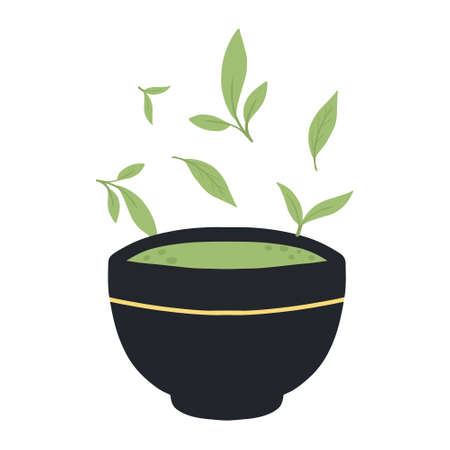 Matcha tea. Mug with matcha and green tea leaves. Vector illustration. Natural green tea.のイラスト素材