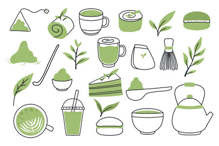 Matcha tea. Vector set of organic tea matcha powder, tea leaves, teapot, macarons, spoon,...