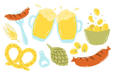 Vector set of beer and beer snacks. Collection for Oktoberfest. Beer set. pistachios, sausage, hops, wheat, chips, pretzel.のイラスト素材