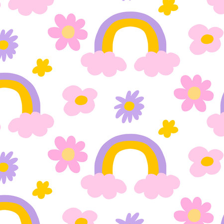 Groovy pattern with flowers and rainbow. Retro pattern with pink flowers. Seamless pattern in 60s or 70s style. Vector illustration.のイラスト素材