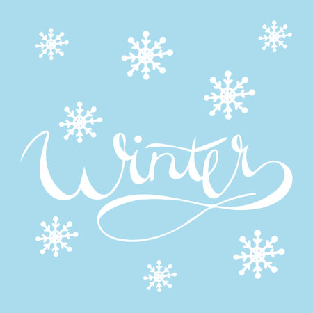 Winter handwritten calligraphic inscription with snowflakes. Hand drawn winter inspiration phrase. vector illustration.White inscription on a blue background.のイラスト素材