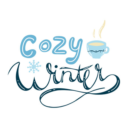 Cozy winter handwritten calligraphic inscription with snowflakes and a mug of tea, coffee, cocoa. Hand drawn winter inspiration phrase. vector illustration.のイラスト素材