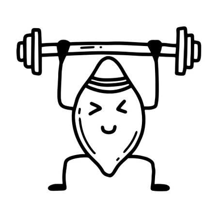 Cute lemon with dumbbells. Sports, hobbies, exercise. Doodle style. Vector lemon in kawaii style. Sports healthy lemon. The concept of doing sports.のイラスト素材