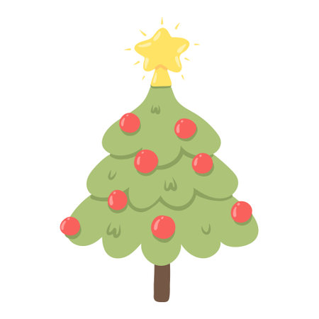 Christmas tree with balls and a star. Symbol of the new year. Drawn style. Vector illustration.のイラスト素材