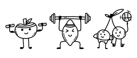 fruit characters. Set of characters with fruits. sports fruit. Doodle style. vector illustration. Apple, liomne and cherries play sports.のイラスト素材
