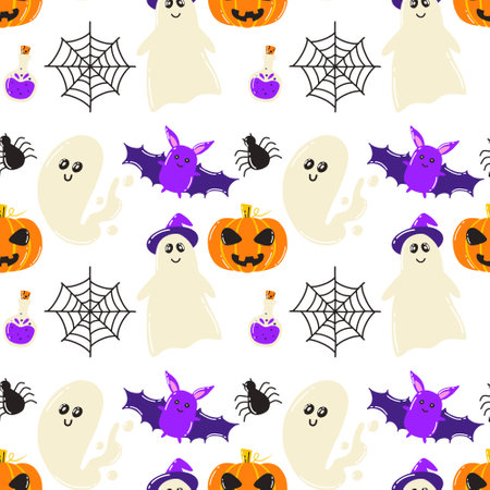 Halloween seamless pattern. Pattern with ghost and pumpkin. Hand drawn style. Vector illustration.のイラスト素材