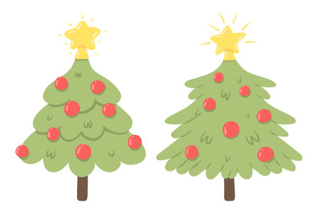Set of Christmas tree with balls and a star. Symbol of the new year. Collection of elegant Christmas trees. Drawing style. vector illustration.のイラスト素材