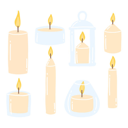 A set of different candles. Burning candles. Vector illustration. Drawn style. Collection of aroma candles.のイラスト素材