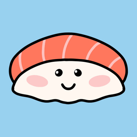 Sushi in kawaii style. Cute Japanese sushi with a smile. Vector illustration. Cartoon style. Logo for a sushi restaurant. Funny Sushi Character.のイラスト素材