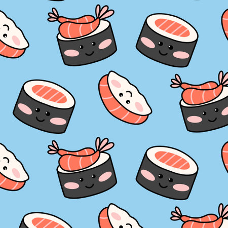 Seamless pattern with funny sushi in kawaii style. Vector illustration . Cartoon style. Print with sushi characters.のイラスト素材
