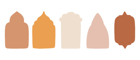 Collection of islamic windows and arches in oriental style with modern boho design, moon, mosque dome and lanterns. Vector illustration.のイラスト素材