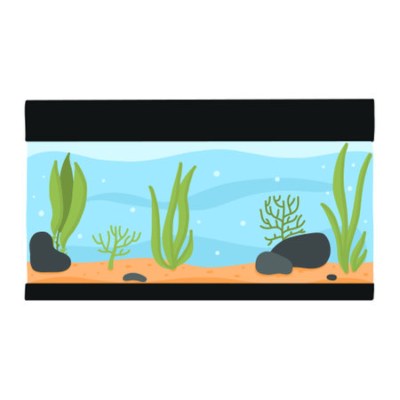 Rectangular aquarium. Aquarium with algae. Vector illustration. Cartoon style.のイラスト素材