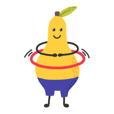 A cute pear is spinning a hoop. Sports, hobbies, exercises. Fruit character. Vector pear in kawaii style. Sports healthy pear. The concept of doing sports.のイラスト素材