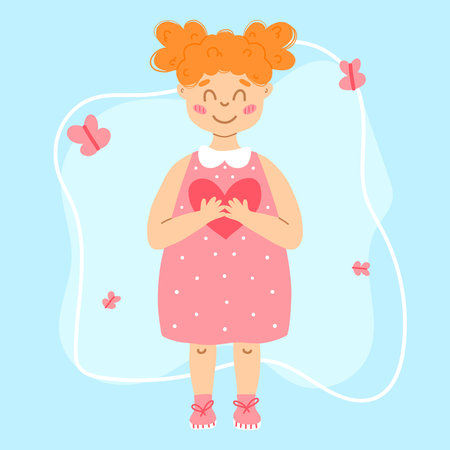 World Children's Day. Poster with a cute girl and a heart in her hands. Vector illustration. Greeting card for children's day.Cartoon style.のイラスト素材