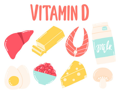 Vitamin d. Set of Foods containing vitamin d. Food rich in vitamin d. Vector illustration. Vector illustration. Drawn style.のイラスト素材