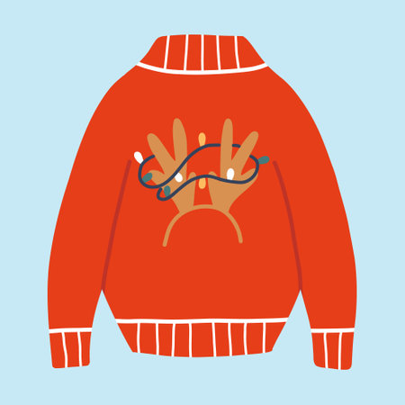 Winter sweater with a deer. Red Christmas pullover. Wool sweater. Vector illustration.のイラスト素材