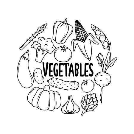 Doodle vegetables vector set. Collection of vegetables broccoli, corn, pepper, onion, garlic, asparagus. Hand-drawn style isolated on white background.のイラスト素材