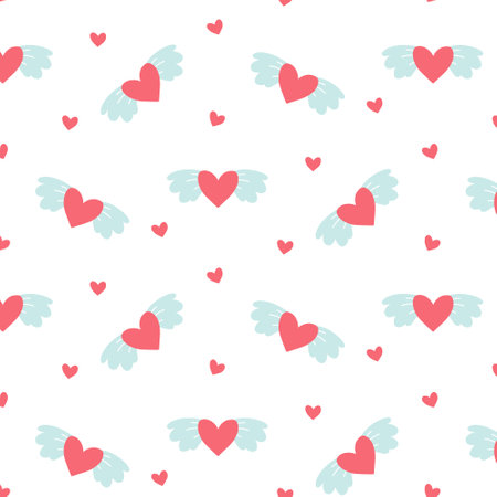 Cute seamless pattern with hearts with wings. Print for valentine's day. Vector illustration . Flat style.のイラスト素材