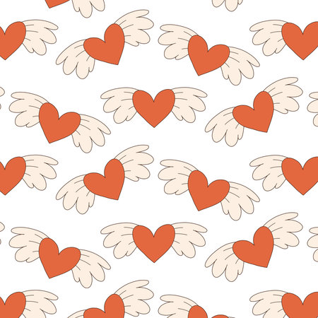 Groovy seamless pattern with hearts and wings in retro style. Print for valentines day. vector illustration. flat style. Retro 70s 60s.のイラスト素材