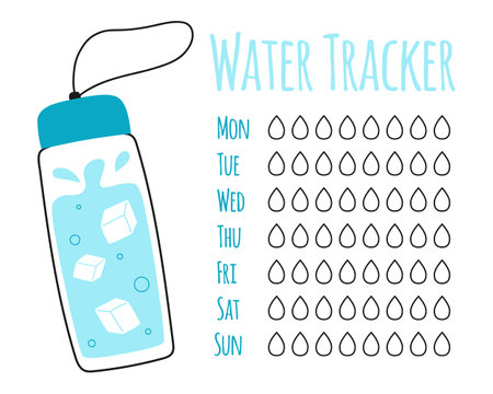 Water tracker vector template. drinking water checklist. Water tracker with bottle. vector illustration. Doodle style.のイラスト素材