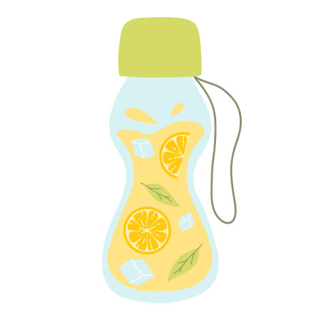 Bottle with lemonade. Cool lemonade with pieces of lemon, mint and ice. Vector illustration isolated on white background. Flat style.のイラスト素材