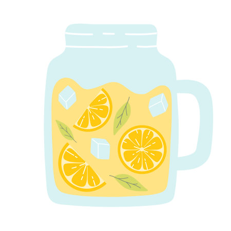 Pitcher with lemonade. Cool lemonade with pieces of lemon, mint and ice. Vector illustration isolated on white background. Flat style.のイラスト素材