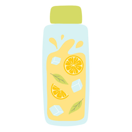 Bottle with lemonade. Cool lemonade with pieces of lemon, mint and ice. Vector illustration isolated on white background. Flat style.のイラスト素材