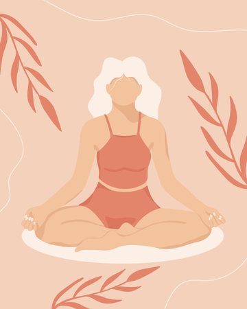 Poster with a girl in a lotus position in boho style. Vector illustration. Flat style. Woman doing yoga and meditation.のイラスト素材