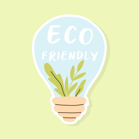 Eco sticker with light bulb and leaves. Eco friendly sticker. Vector illustration. Save the planet. Flat hand drawn style.のイラスト素材