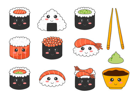 Sushi set in kawaii style. Cute Japanese sushi with a smile. vector illustration. cartoon style. Sushi restaurant logo. Collection Funny sushi character.のイラスト素材