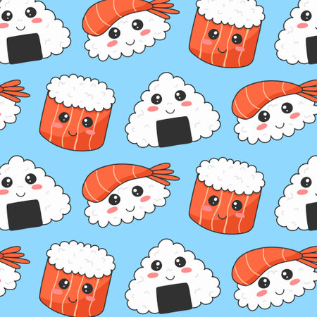 Seamless pattern with sushi in kawaii style. Sushi in kawaii style. Cute cartoon face rolls. Vector illustration.のイラスト素材