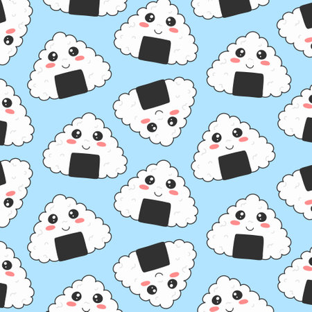 Seamless pattern with onigiri in kawaii style. Sushi in kawaii style. Cute cartoon onigiri with a face. Vector illustration.のイラスト素材