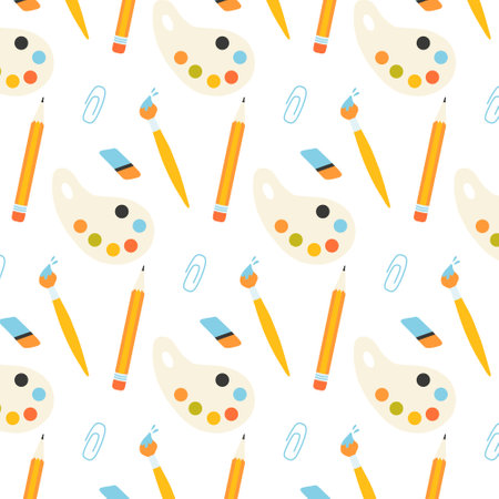 School seamless pattern. Pattern with paint, brush, palette and eraser. Vector illustration. Flat hand drawn style. Back to school. End of school.のイラスト素材