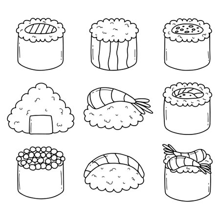 Doodle style sushi set. Cute Japanese sushi. vector illustration. linear. Sushi restaurant logo.のイラスト素材