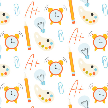 School seamless pattern. Pattern with school items. vector illustration. Flat hand drawn style. back to school. end of school.のイラスト素材