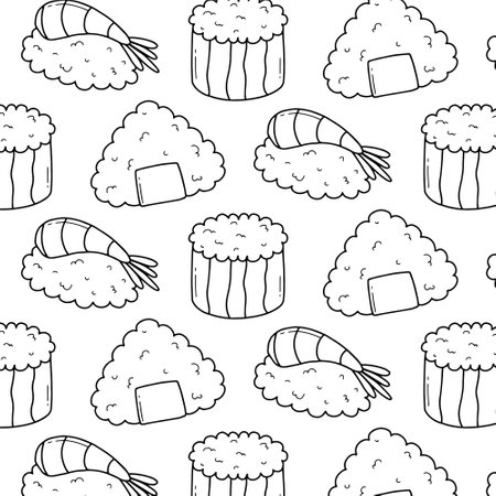 Seamless pattern with sushi in doodle style. Sushi in line style. Cute doodler rolls. Vector illustration.のイラスト素材