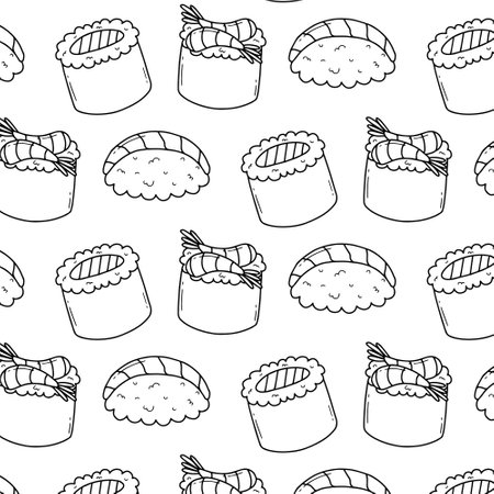Seamless pattern with sushi in doodle style. Sushi in line style. Cute doodler rolls.のイラスト素材