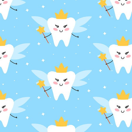 Seamless pattern with tooth fairy. Childrens pattern with a fairy. Vector illustration . Flat cartoon style. Kawaii style tooth print.のイラスト素材